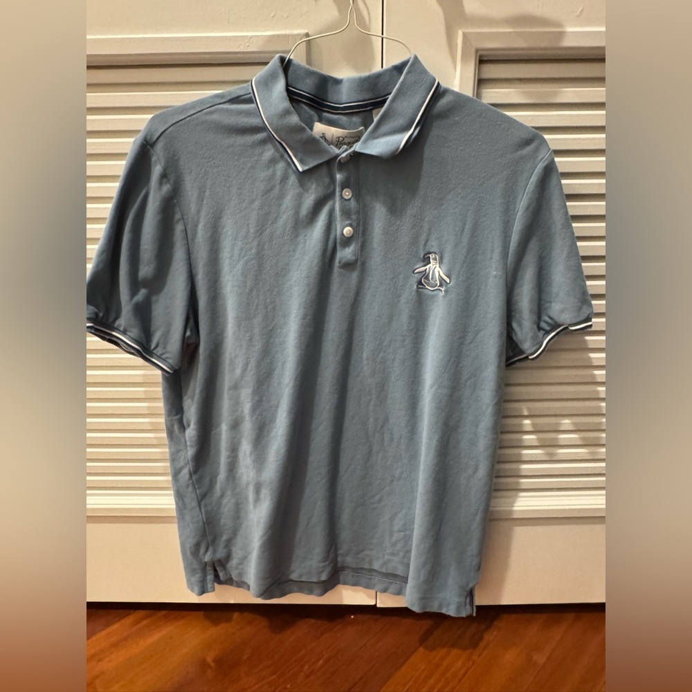 Original Penguin Polo Shirt Mens L Blue Cotton Logo Short Sleeve Classic